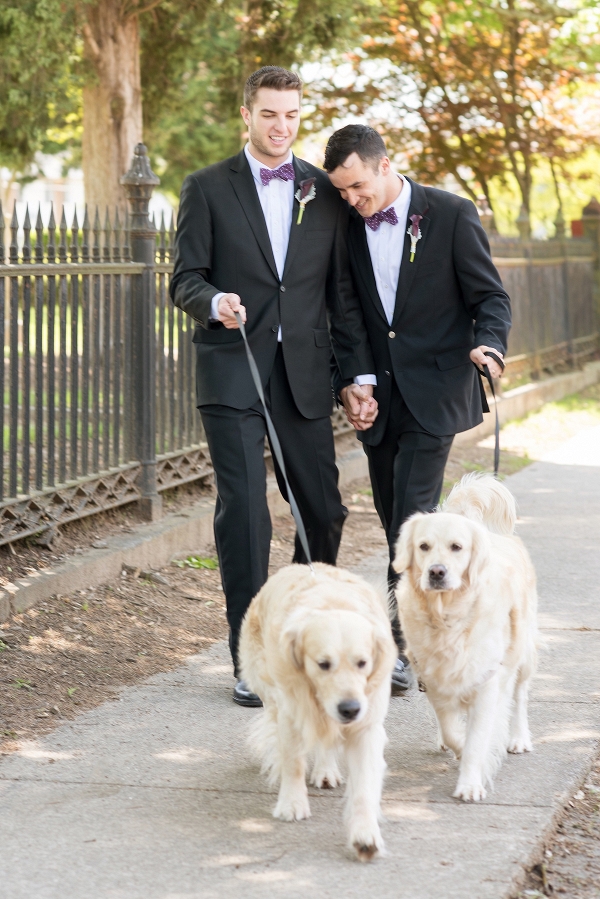 Two Grooms with Golden Retrievers