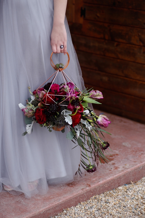 Unconventional Bridal Bouquet and Purple Wedding Dress