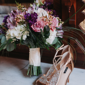 Bouquet and gold heels