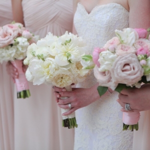 White and Blush Pink Wedding Bridal Party Bouquets with Blush Monique Lhulillier Bridesmaids Dresses from Bella Bridesmaid