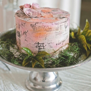 Small, Blush Wedding Cake with Writing and Small Floral Details | Bohemian/Boho Styled Wedding Shoot