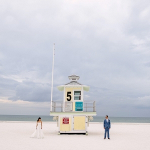 Clearwater Beach Wedding Bride and Groom Portrait with Lifeguard Tower