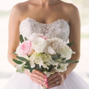 Embroidered Strapless White Ball Gown Wedding Dress with Pastel Bouquet with Greenery 
