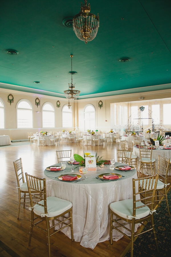 Indoor, Historic Tampa, Florida Wedding Reception Venue with Wood Floors and Green Ceiling with Chandeliers and Chiavari Chairs