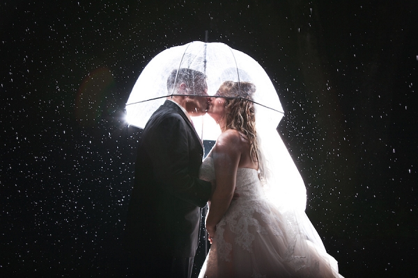 Bride and Groom Nighttime Wedding Portrait in the Rain with Umbrella 