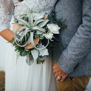 Tampa Bohemian-Nature Inspired Bride and Groom Wedding Portrait in Grey Suit and Lace, Wedding Dress and Headband with Succulent Bouquet