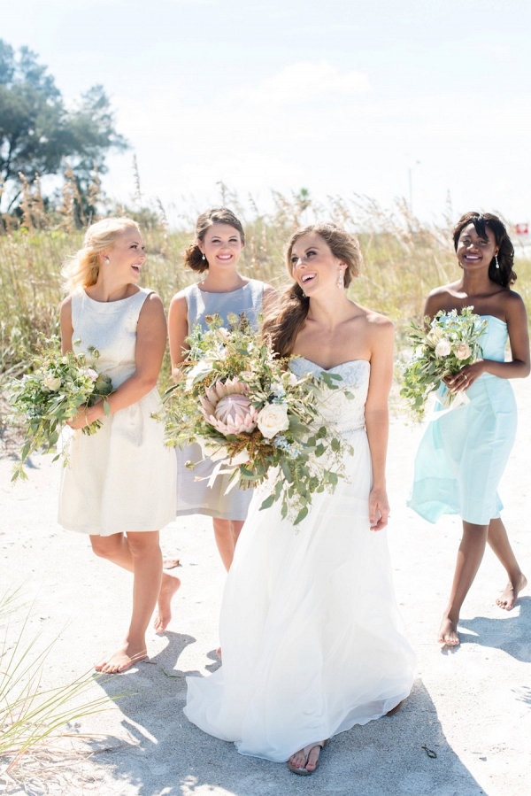 Florida Coastal Chic Wedding Portrait, Bride with Bridesmaid in Dessy Bridal Gowns at Beach Wedding