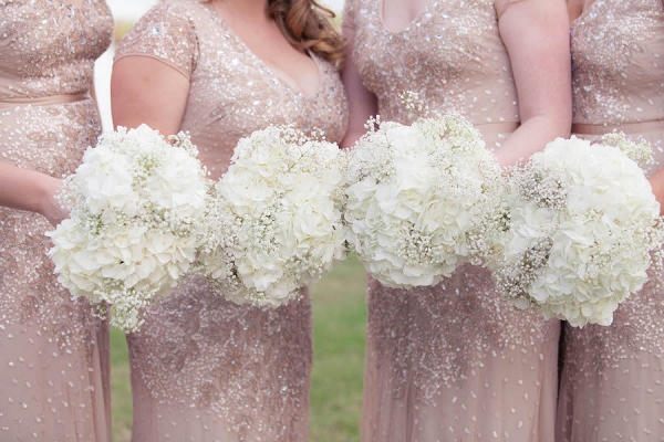 Blush Pink Sequined Adrianna Papell Bridesmaids Dresses with Ivory Wedding Bouquet of Flowers with Hydrangeas and Baby’s Breath 