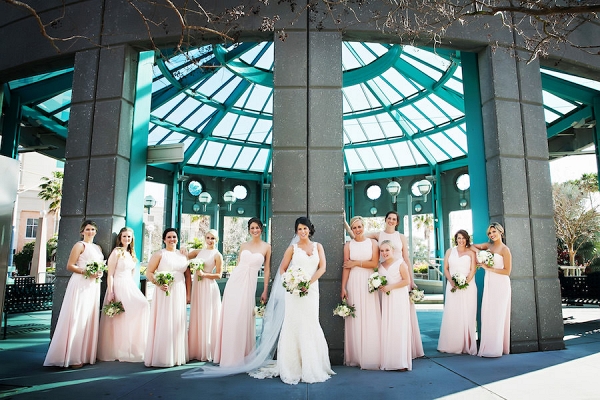Outdoor, Bride and Bridesmaids Wedding Portrait in Blush Colored Bridesmaids Dresses 