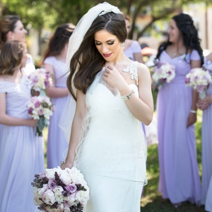 Outdoor, Bridal Wedding Portrait in White Wedding Dress and Veil and Bridesmaids in Purple, Lilic Bridesmaids Dresses