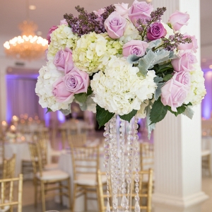 Elegant, Romantic Purple, Ivory, Lilac and White Rose and Hydrangea Floral Centerpieces with Dripping Rhinestone Crystals at Wedding Reception 
