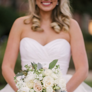 Bridal Wedding Portrait in White Strapless Sweetheart Hayley Paige Ballgown with Ivory, Pink and White Wedding Bouquet