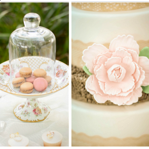 Wedding Reception Dessert Table with Blush and Gold Macarons on Vintage Serving Plate | Gumpaste Flower Detail on Burlap Ribbon Wedding Cake