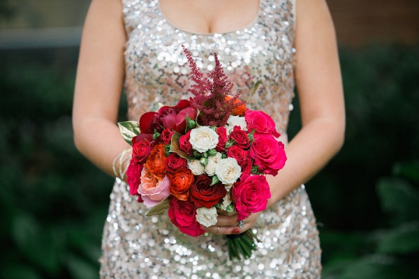 Red, White and Pink Wedding Bouquet with Sequined Bridesmaids Dresses