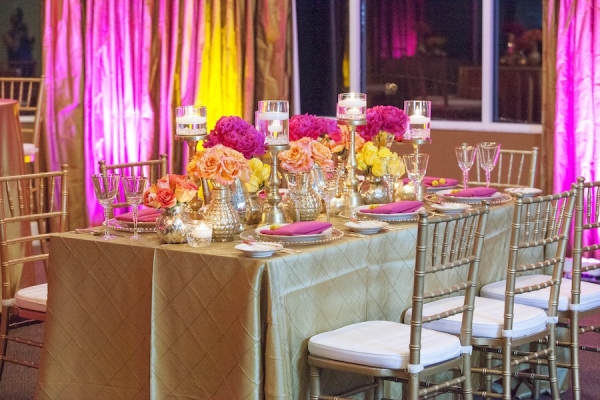 Pink and Yellow Wedding Centerpieces with Gold Chiavari Chairs and Linens Styled Indian Wedding Reception