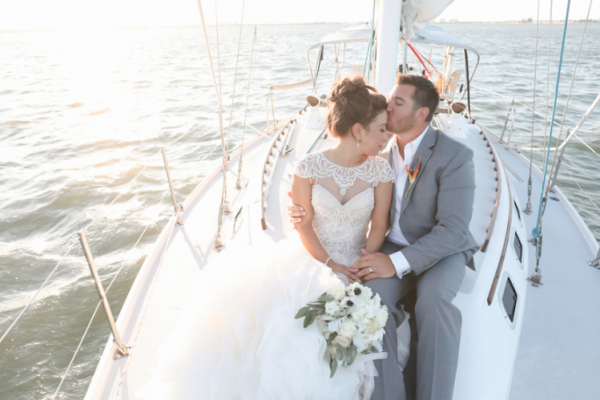 Bride and groom on boat