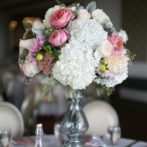 Wedding Reception Centerpieces with White Hydrangeas and Light Pink and Rose Pink Flowers and Glass Vase 