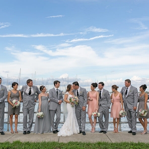 Outdoor Wedding Party Portrait in Grey and Light Pink Bridesmaid Dresses with Grey Groomsmen Suits | Waterfront Bridal Party Portrait 