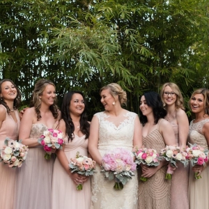 Bride and Bridesmaids Bridal Party Portrait with Ivory, Lace Wedding Dress, Neutral Bella Bridesmaids Dresses and Pink and White Floral Bouquets | St. Petersburg Wedding Photographer Caroline & Evan Photography | Hair and Makeup by Michele Renee The Studi