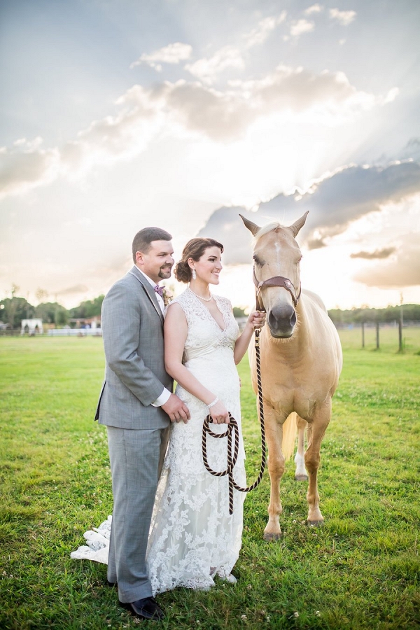 Rustic, Country Bride and Groom Wedding Portrait with Horse on Farm 