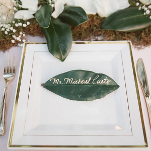 Rustic Wedding Table Setting and Name Card with Ivory Rose Petals, Baby’s Breath and Greenery