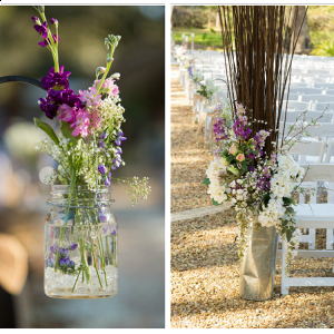 Wedding Ceremony Decor with Purple and Pink Flowers in Suspended Mason Jars and Tin Holders with Purple and Ivory Flowers and Wooden Sticks