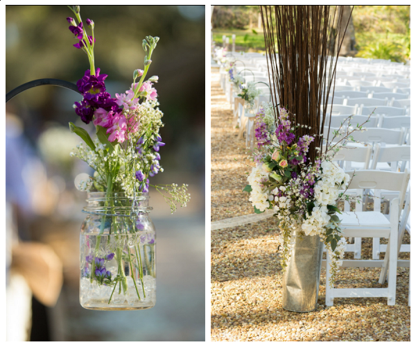 Wedding Ceremony Decor with Purple and Pink Flowers in Suspended Mason Jars and Tin Holders with Purple and Ivory Flowers and Wooden Sticks