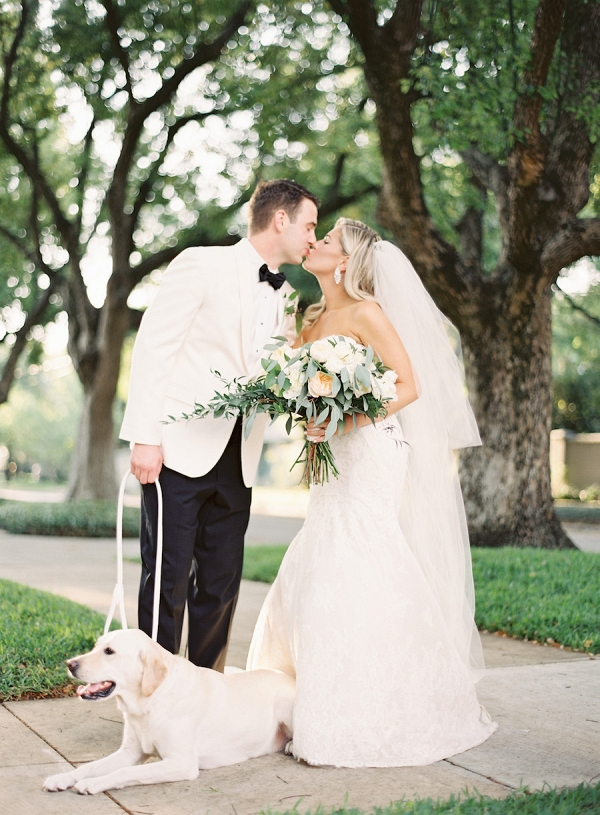 Outdoor, Tampa Wedding Portrait of Bride and Groom with Labrador Dog and Ivory and Green and Peach Bridal Bouquet with Greenery