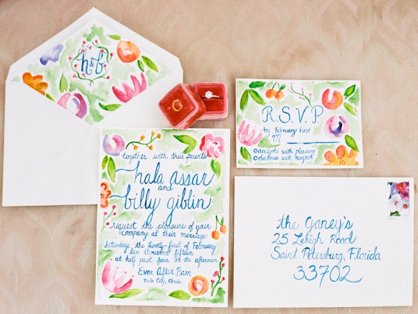 Pastel Pink, Orange, Green and Blue Floral Watercolor Invitation Suite