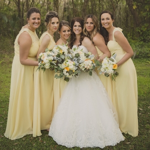 Bridal Party Wedding Portrait with Yellow Bill Levkoff Bridesmaids Dresses and Ivory, Strapless Allure Lace Wedding Dress