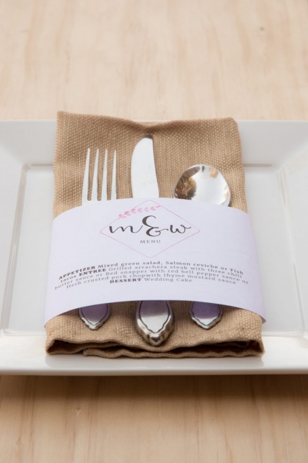 Wedding Menu printed on a napkin belly band