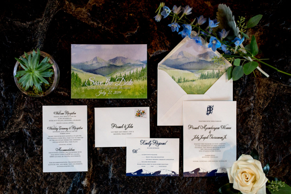 Mountain inspired wedding invitations and envelope