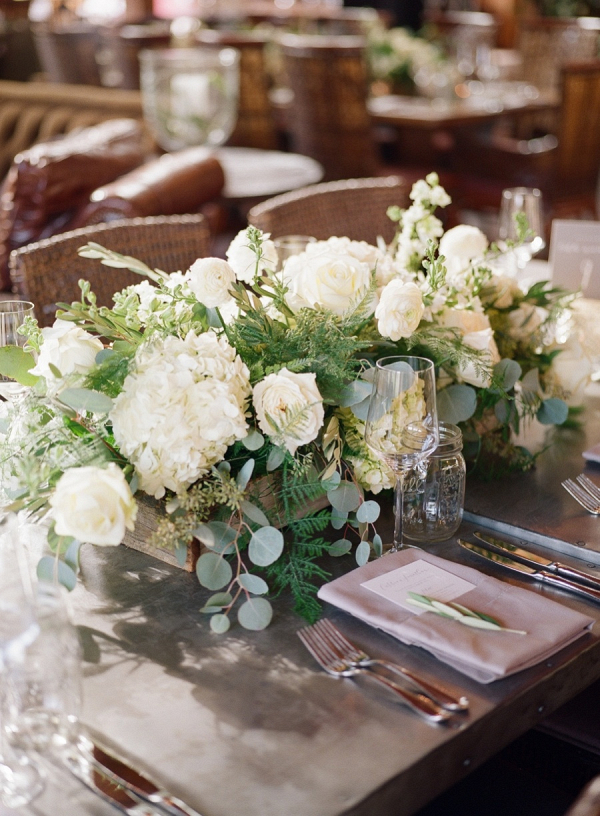 Wood box wedding centerpiece with white florals