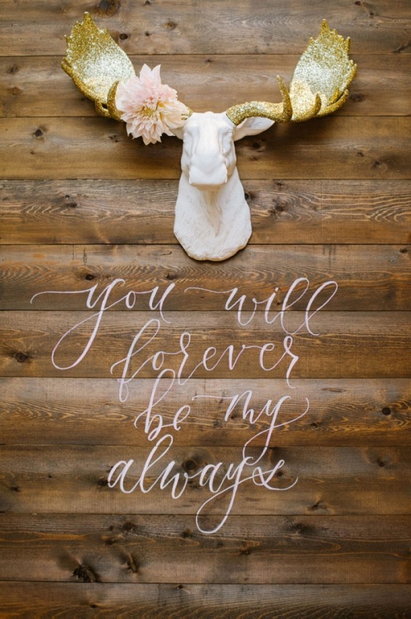 Moose head with glitter gold antlers and Wooden Calligraphy Wedding sign