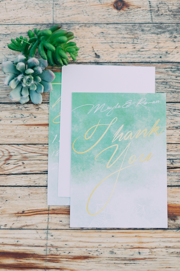 Whimsical mint and gold thank you card