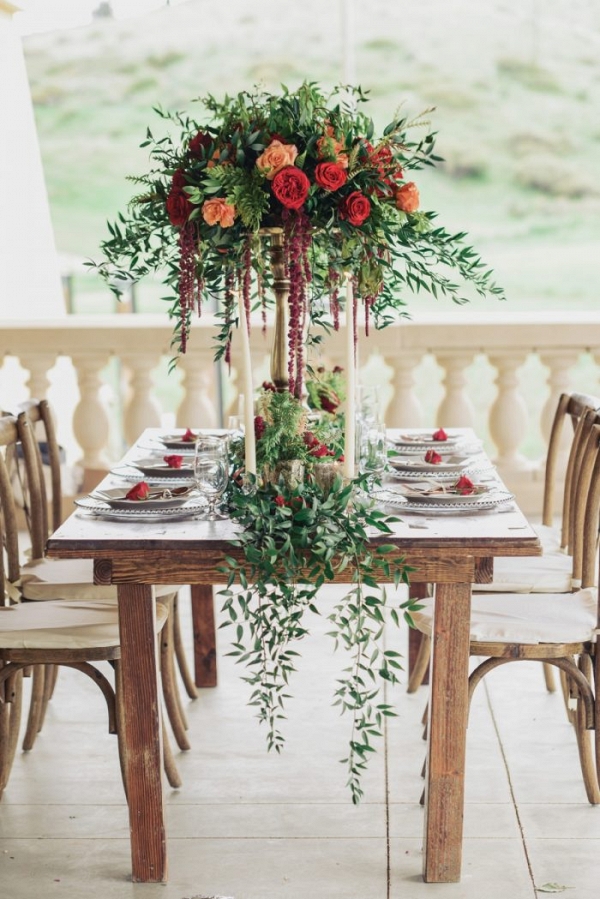 Gorgeous rustic tablescape with rose and greenery floral chandelier 