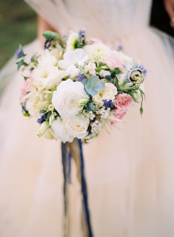 Ivory, blue, and pink bouquet on Mountainside Bride