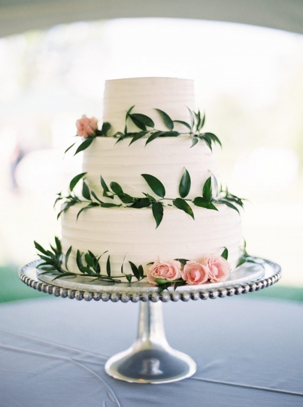 simple rustic wedding cake with pink rose and greenery details