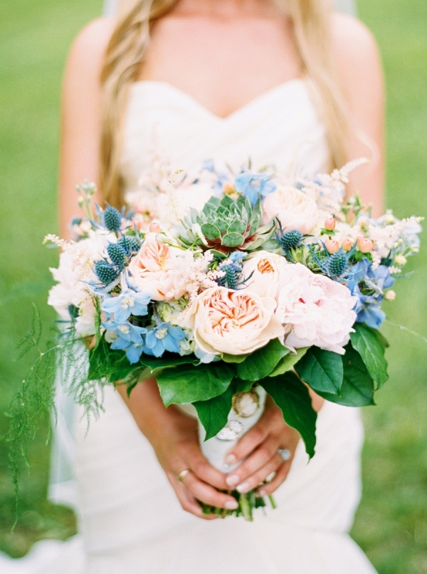 Blush and blue bouquet on Mountainside Bride