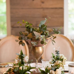 romantic vintage inspired gold and greenery centerpices