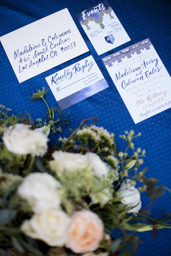 Navy calligraphy wedding stationery