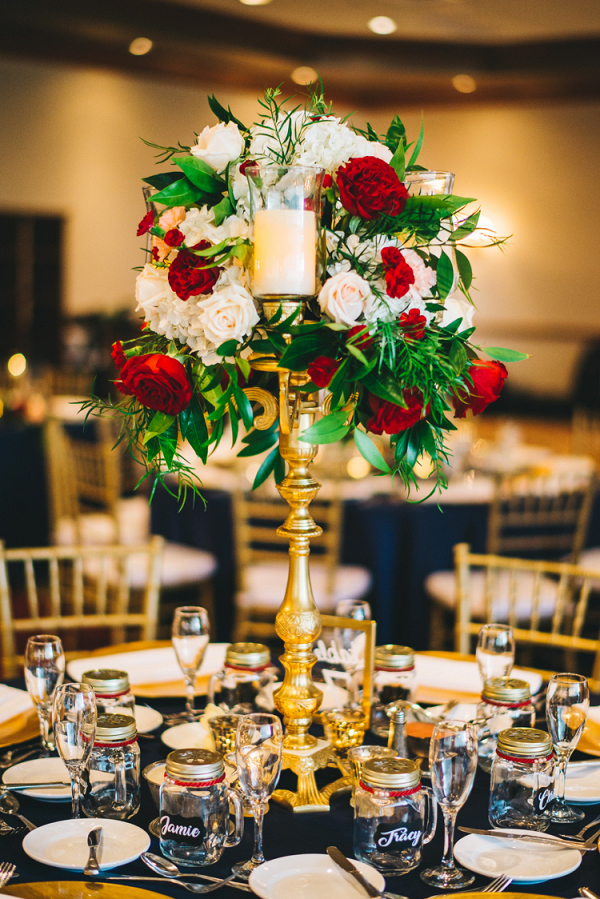 Tall burgundy and gold wedding centerpiece
