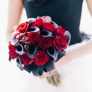 Crimson rose and black calla lily wedding bouquet