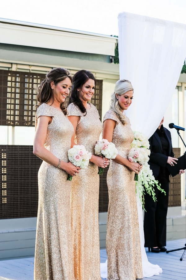 Long, gold glittery bridesmaid dresses