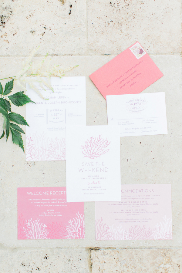 Coral themed wedding invitation suite