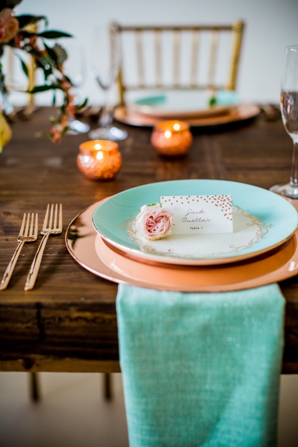 Romantic, vintage inspired place setting with turquoise and rose gold details
