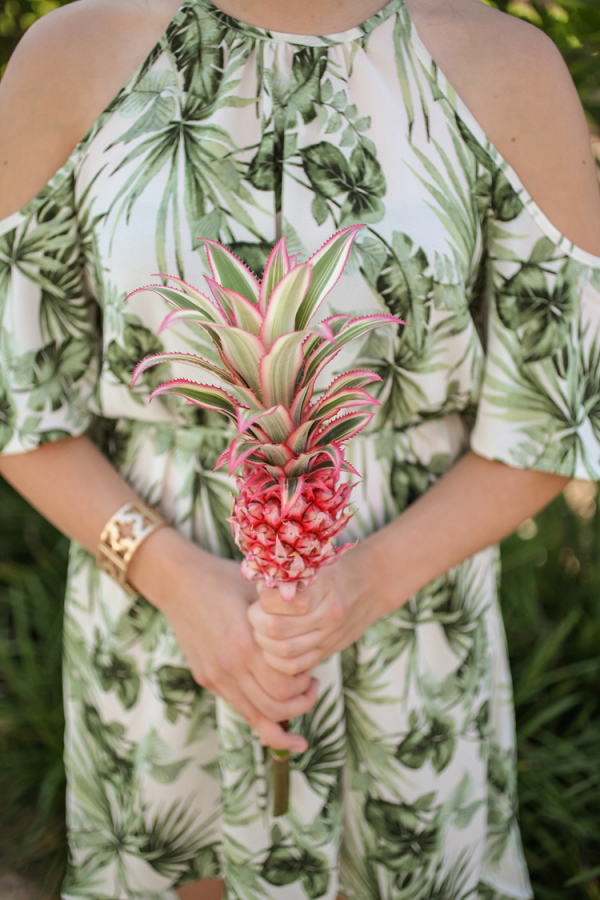 Tropical bridesmaid dress and bouquet