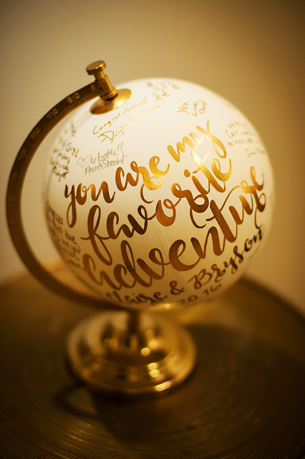 "You are my favorite adventure" gold and white globe used as a wedding guest book alternative