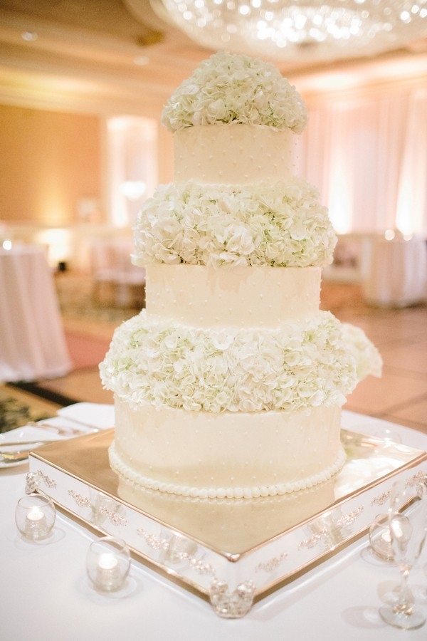Classic wedding cake with hydrangea