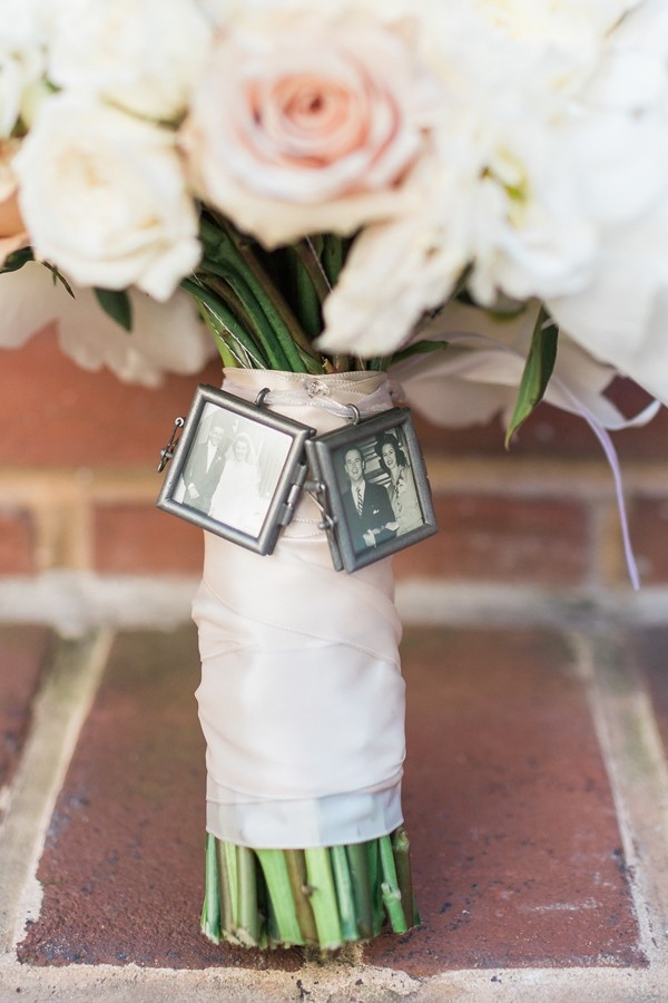 Bouquet charms with heirloom black and white photos